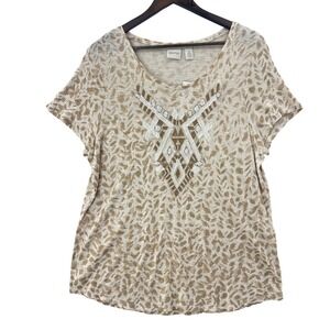 Zenergy by Chico's Embroidered Leopard Print Tee Shirt Women's Size 2 Neutral